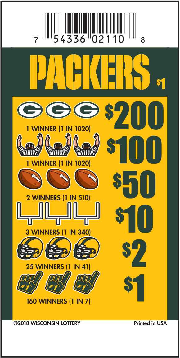 green and gold ticket with packers g logo, footballs, helmets, green foam fingers, goal posts and referee icons