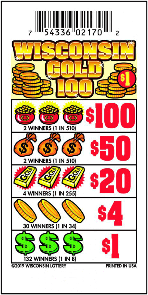 Wisconsin Gold 100 Pull-Tab stacks of gold coins on white ticket with pot of gold, bag of money, gold bar, gold coin and green dollar sign icons