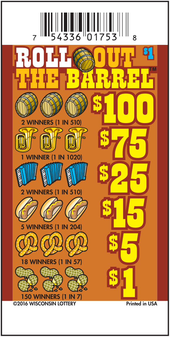 Roll Out the Barrel Pull-Tab brown ticket background with wooden barrel, tuba, accordion, brat, pretzel and peanut icons
