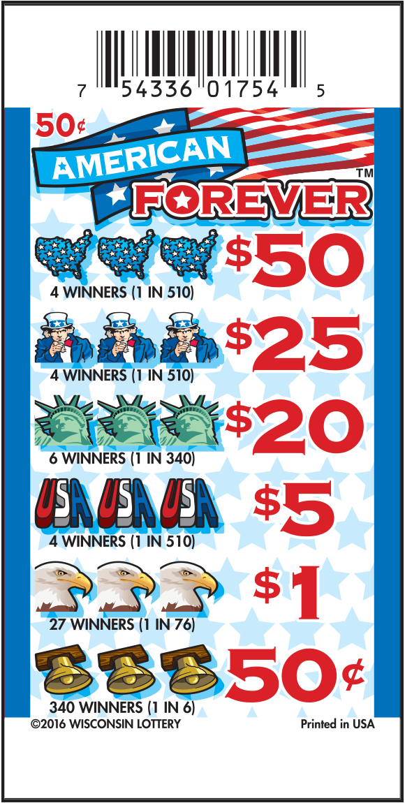 American Forever Pull-Tab patriotic ticket with waving american flag and light blue star background with blue usa map, uncle sam, statue of liberty, bald eagle and liberty bell icons