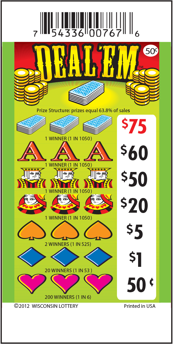Deal 'Em Pull-Tab stacks of gold coins on green background with blue deck of cards, red A, king, queen, orange spade, blue diamond and pink heart icons