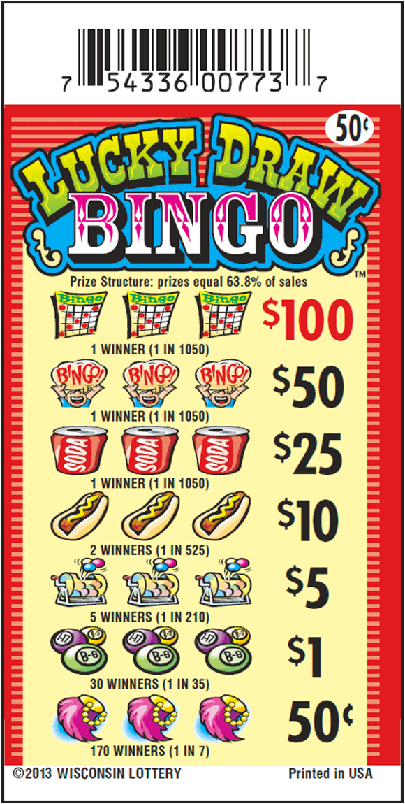 Lucky Draw Bingo Pull-Tab red and light yellow stripped background with bingo card, person calling bingo, soda can, hot dog, ball drum, bingo ball icons and pink lucky rabbit foot icon