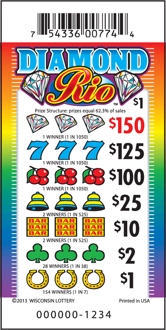 Diamond Rio Pull-Tab rainbow gradient with diamonds, blue 7s, cherries, yellow bells, green shamrocks and gold horseshoe icons