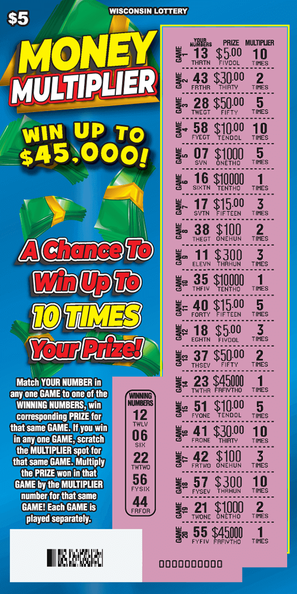 Money Multiplier Scratch Game green stacks of money with gold bands falling on blue background on Wisconsin Lottery scratch game