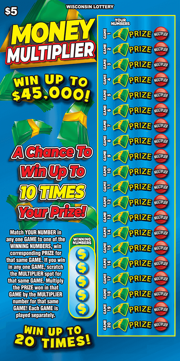 Money Multiplier Scratch Game green stacks of money with gold bands falling on blue background on Wisconsin Lottery scratch game