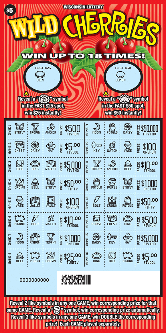 wavy red and pink lines with two sets of stemmed cherries with green leaves and yellow swirly text with green and red icons of dollar signs, stars and horse shoes on Wisconsin Lottery game
