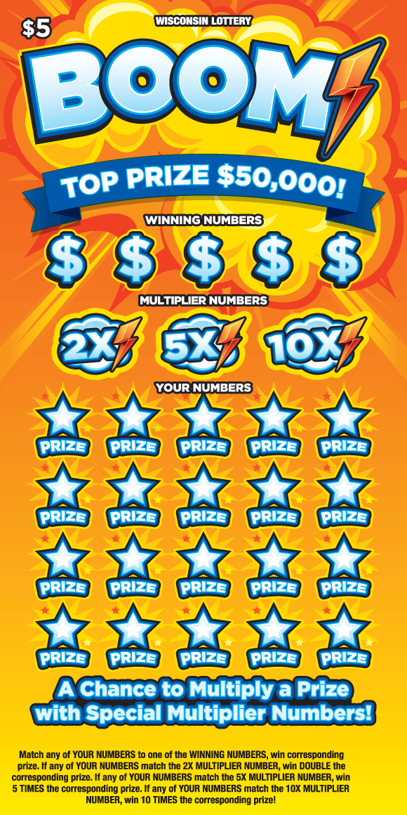 bold blue shadow lettering spelling out BOOM with orange lightning bolt in orange and yellow explosive cloud with blue stars and clouds on Wisconsin Lottery game