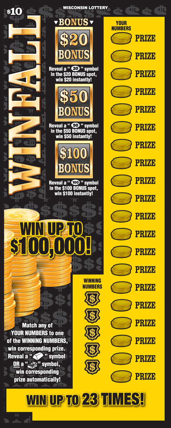 stacks of gold coins on black background with grey dollar signs in various sizes with bold 3d gold shadow lettering reading WINFALL from Wisconsin Lottery
