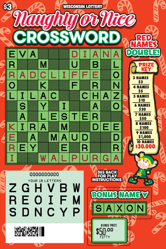 Naughty or Nice Crossword Scratch Game scattered ight red candy canes on red background with green crossword and wrapped presents while elf holding up prize key scroll on Wisconsin Lottery ticket