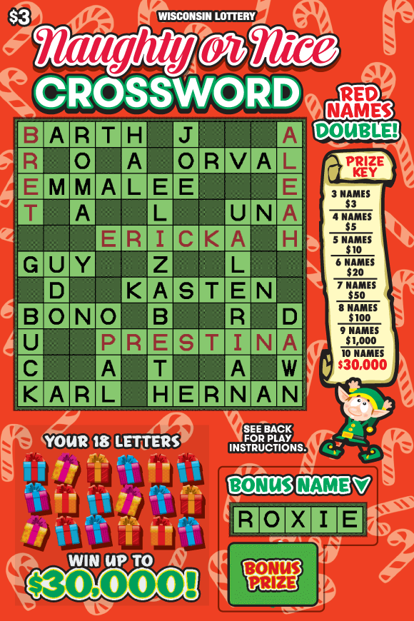 Naughty or Nice Crossword Scratch Game scattered ight red candy canes on red background with green crossword and wrapped presents while elf holding up prize key scroll on Wisconsin Lottery ticket