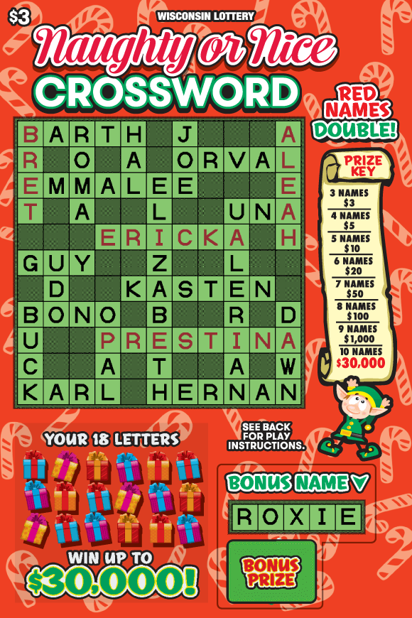 scattered ight red candy canes on red background with green crossword and wrapped presents while elf holding up prize key scroll on Wisconsin Lottery ticket