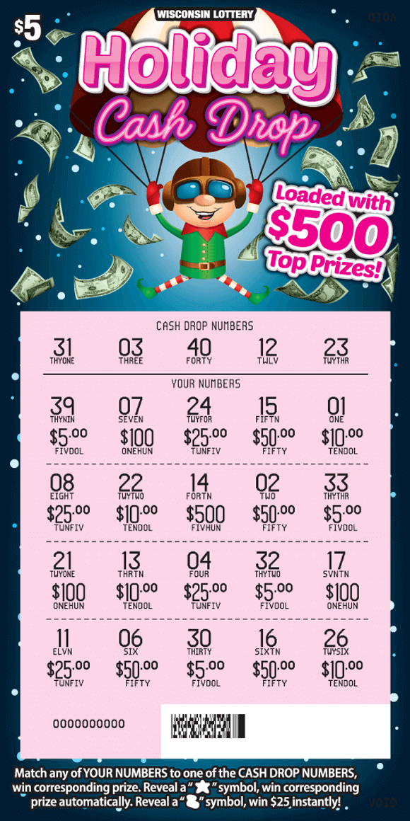 elf hanging onto red and white parachute wearing green shirt and red and white stripped socks surrounded by falling money on dark blue gradient ticket from Wisconsin Lottery