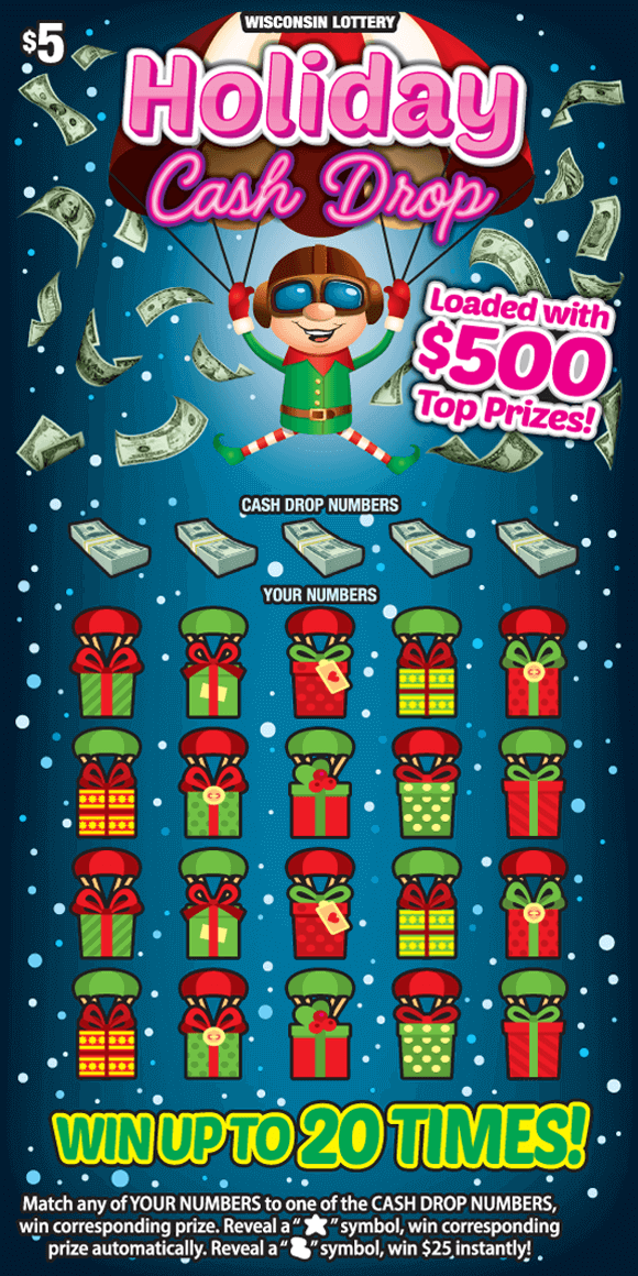 Holiday Cash Drop Scratch Game elf hanging onto red and white parachute wearing green shirt and red and white stripped socks surrounded by falling money on dark blue gradient ticket from Wisconsin Lottery