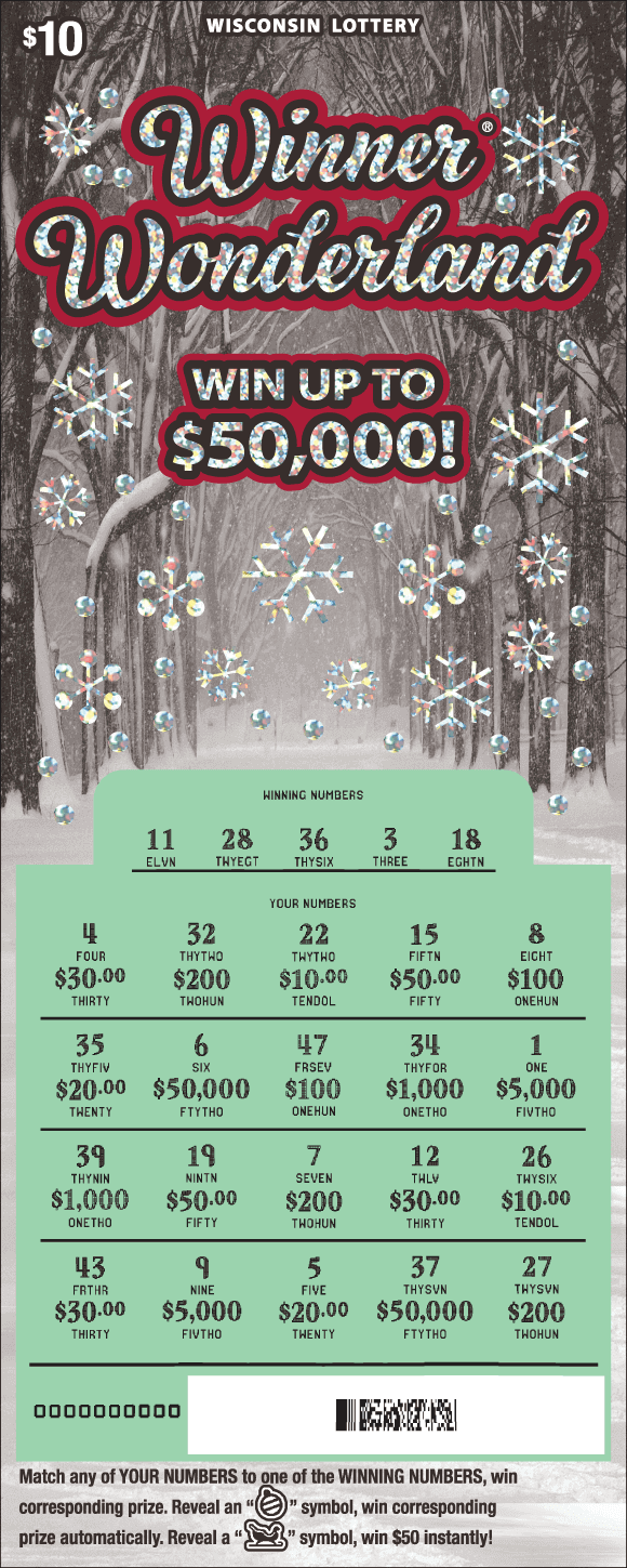 snow falling on snow filled street lined with birch trees with silver shimmering snowflake and dollar sign icons with red script letters on Wisconsin Lottery ticket