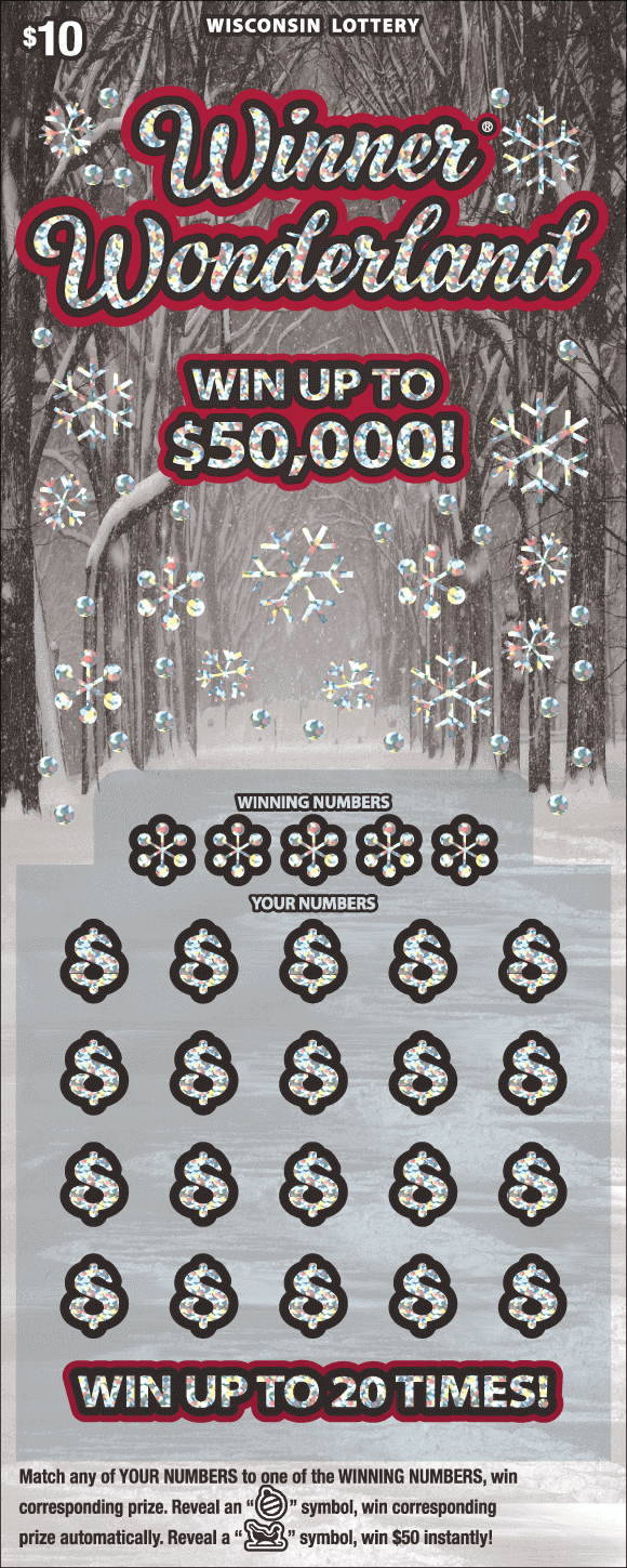snow falling on snow filled street lined with birch trees with silver shimmering snowflake and dollar sign icons with red script letters on Wisconsin Lottery ticket