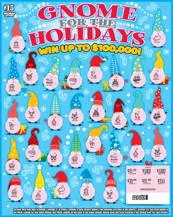 white snow and swirly curls on light blue background filled with colorful gnomes in tall hats in an assortment of colors on Wisconsin Lottery game