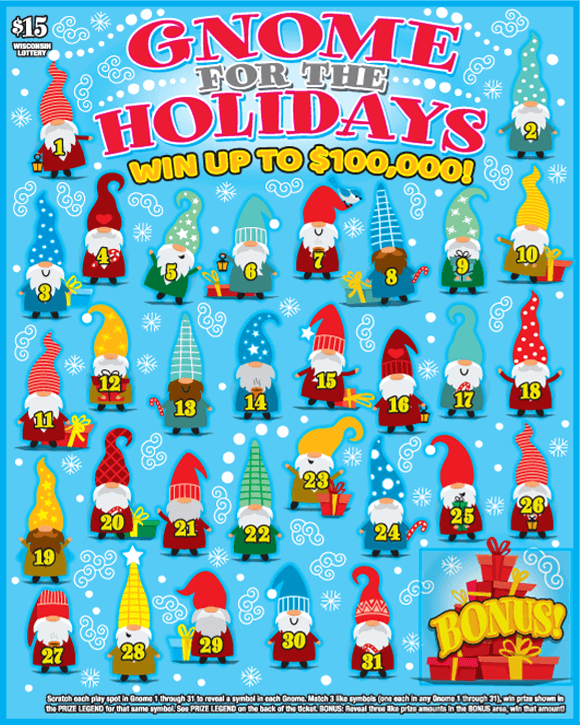 white snow and swirly curls on light blue background filled with colorful gnomes in tall hats in an assortment of colors on Wisconsin Lottery game