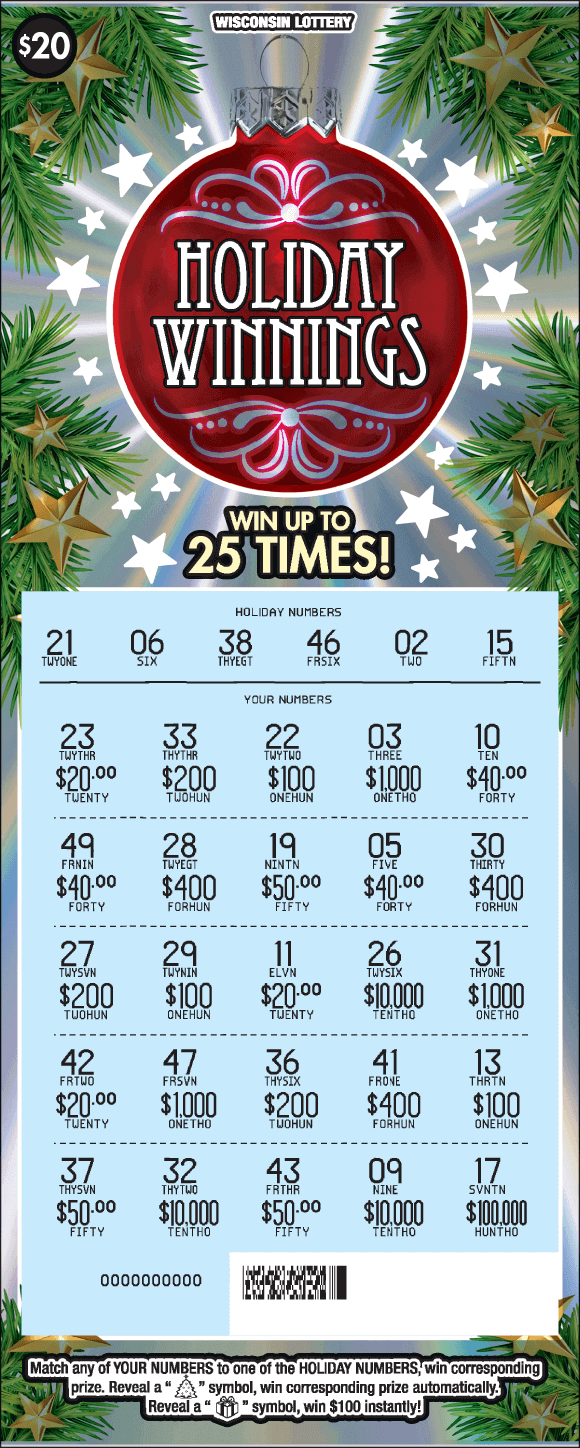 Holiday Winnings Scratch Game red holiday ornament with ornate script writing surrounded by white and gold stars and evergreen branches on shimmering silver paper on Wisconsin Lottery game