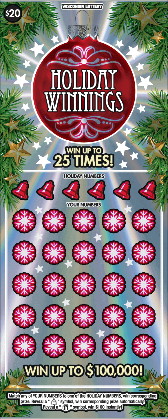 Holiday Winnings Scratch Game red holiday ornament with ornate script writing surrounded by white and gold stars and evergreen branches on shimmering silver paper on Wisconsin Lottery game