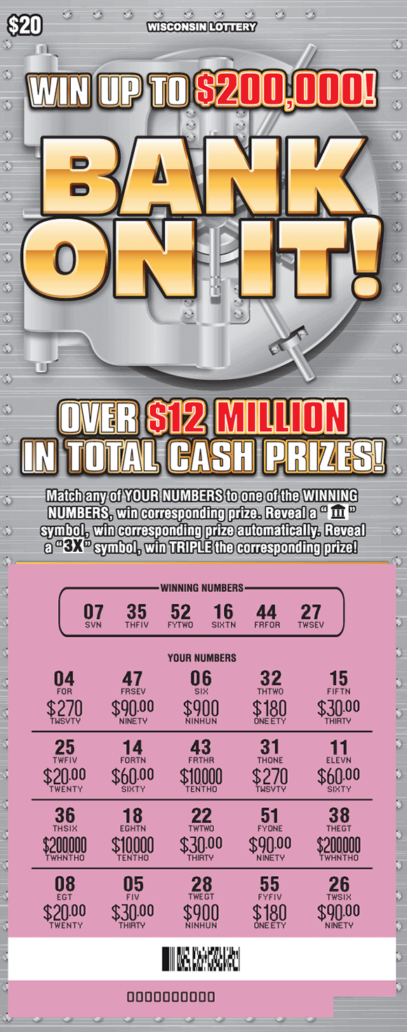 Bank On It! heavy duty silver bank vault door with bags of money and rolled dollars on Wisconsin Lottery scratch game