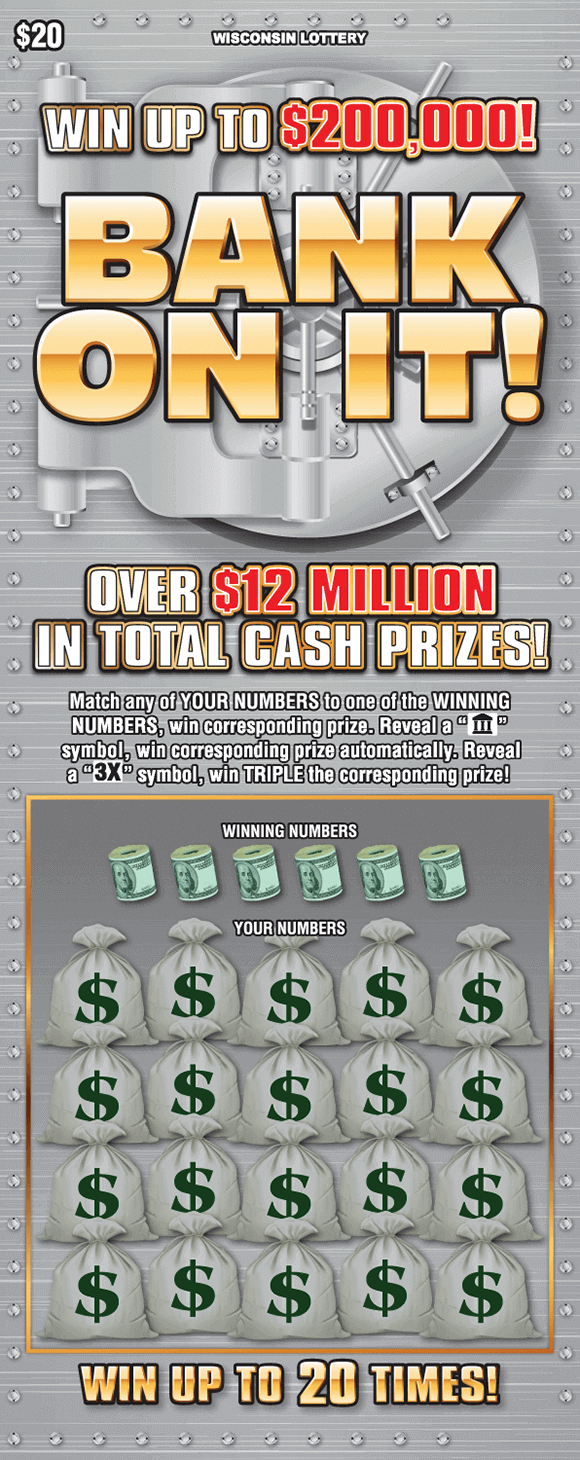 Bank On It! heavy duty silver bank vault door with bags of money and rolled dollars on Wisconsin Lottery scratch game