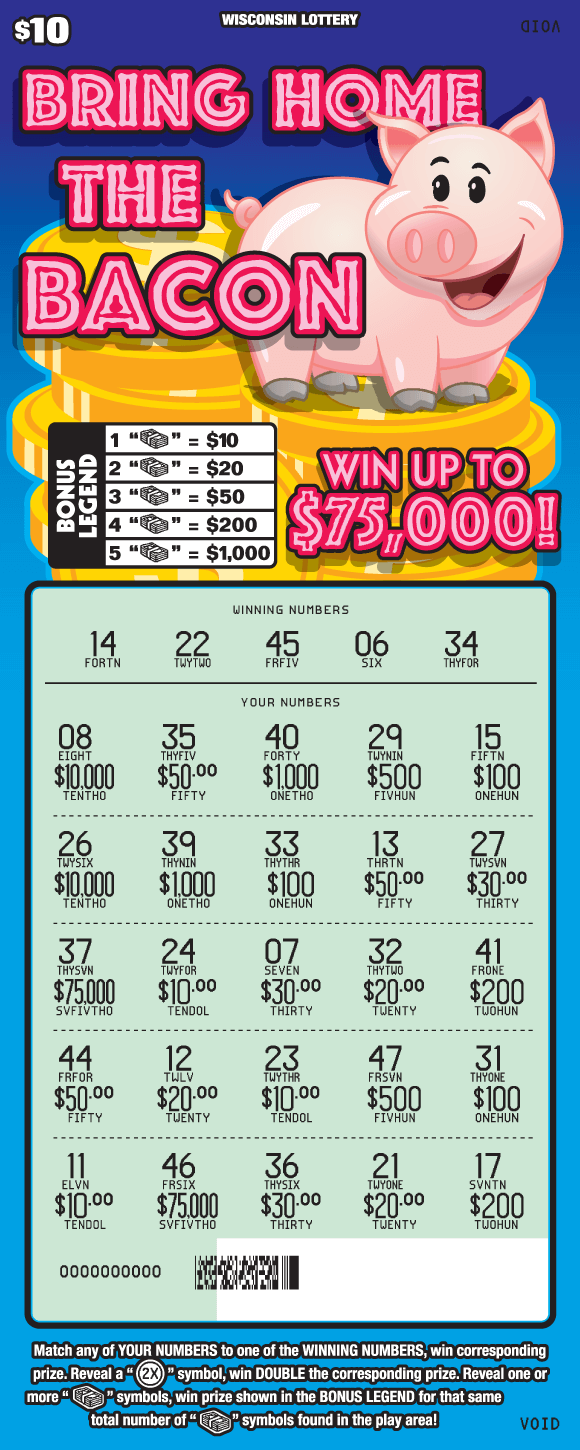 Bring Home the Bacon Scratch Game winking pink pig standing on stack of gold coins with pink dollar signs that look like bacon on blue gradient background on Wisconsin Lottery ticket