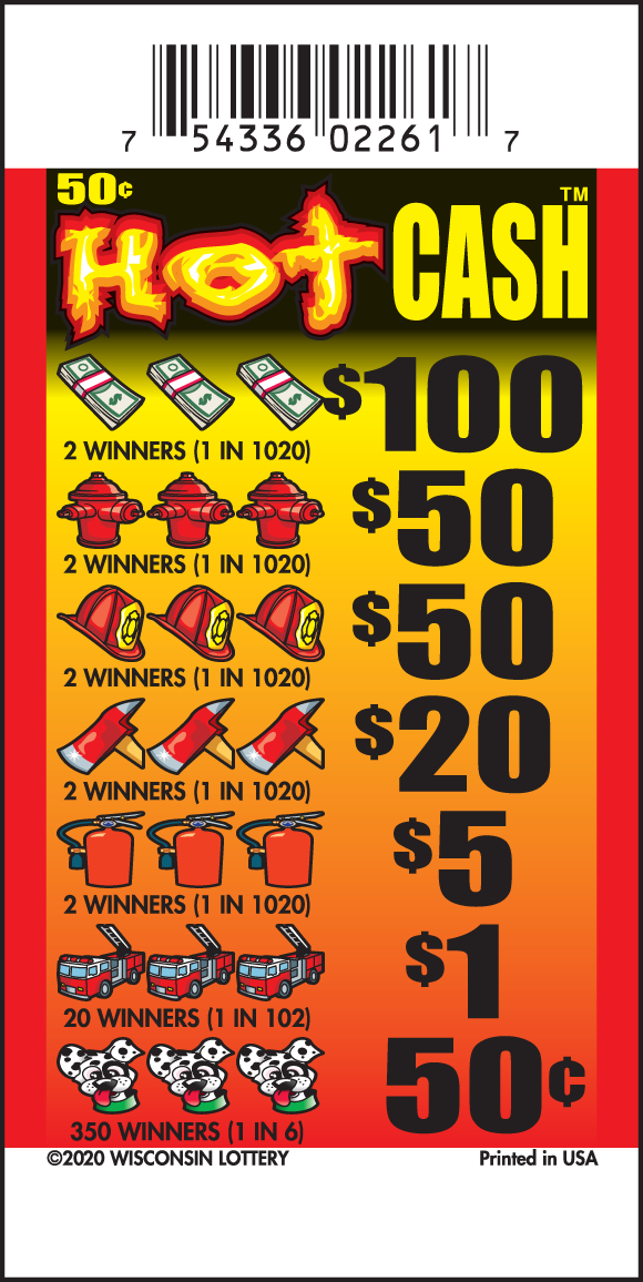 Hot Cash Pull Tab Red and orange gradient background with stack of cash, red fire hydrant, fire helmet, fire axe, fire extinguisher, fire truck and dalmation dog icons