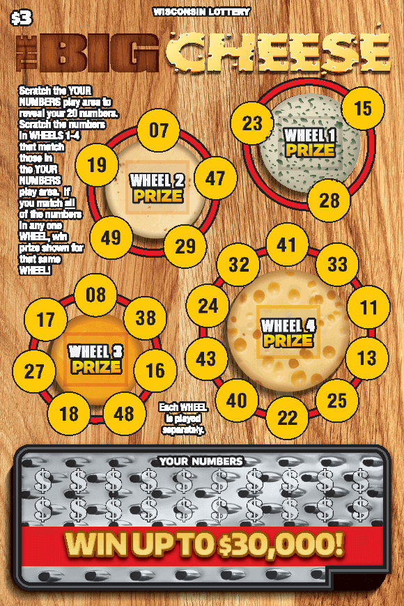 wooden board with four cheese wheels on red plates on The Big Cheese scratch game from Wisconsin Lottery