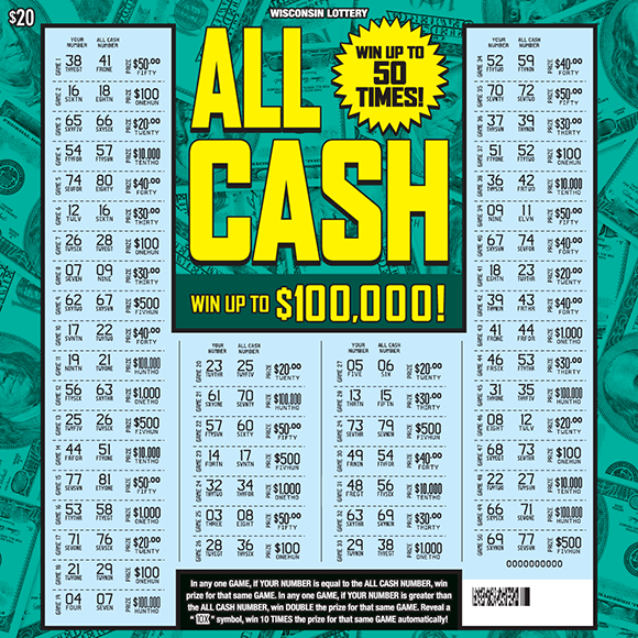 bold yellow lettering green background with array of scattered dollar bills with light and dark purple grid showing green dollar sign icons on Wisconsin Lottery scratch game