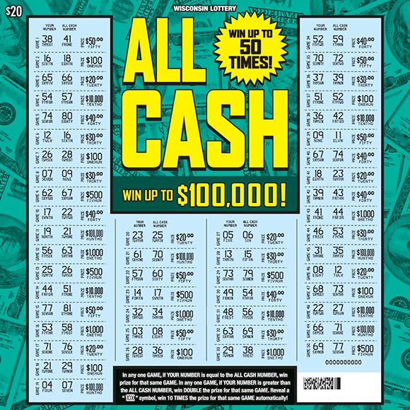 All Cash Scratch Game bold yellow lettering green background with array of scattered dollar bills with light and dark purple grid showing green dollar sign icons on Wisconsin Lottery scratch game