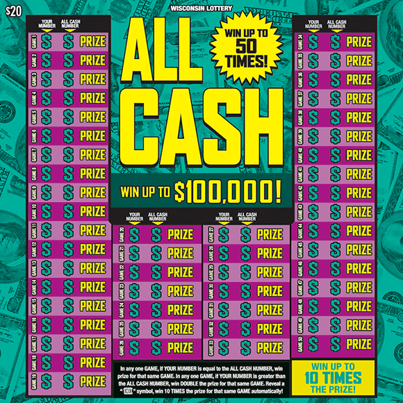 bold yellow lettering green background with array of scattered dollar bills with light and dark purple grid showing green dollar sign icons on Wisconsin Lottery scratch game