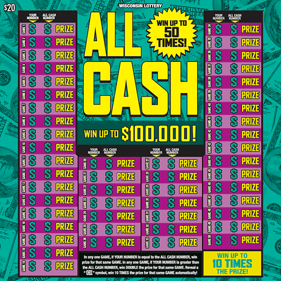 All Cash Scratch Game bold yellow lettering green background with array of scattered dollar bills with light and dark purple grid showing green dollar sign icons on Wisconsin Lottery scratch game