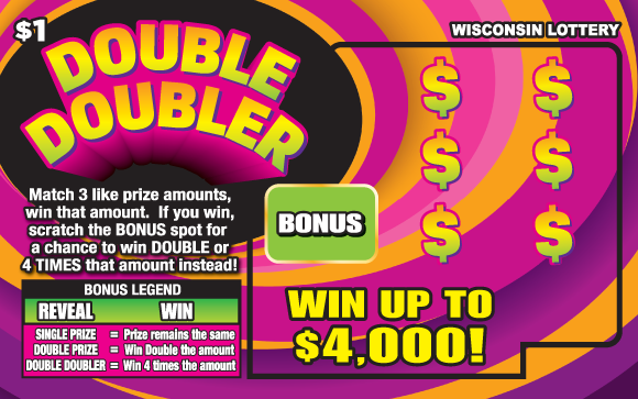 circular swirls of bright pink, orange, magenta and purple with bold yellow lettering in and dollar symbols on Wisconsin Lottery scratch game