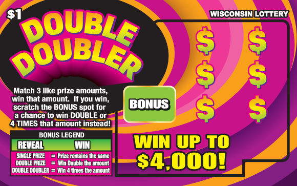 Double Doubler Scratch Game circular swirls of bright pink, orange, magenta and purple with bold yellow lettering in and dollar symbols on Wisconsin Lottery scratch game