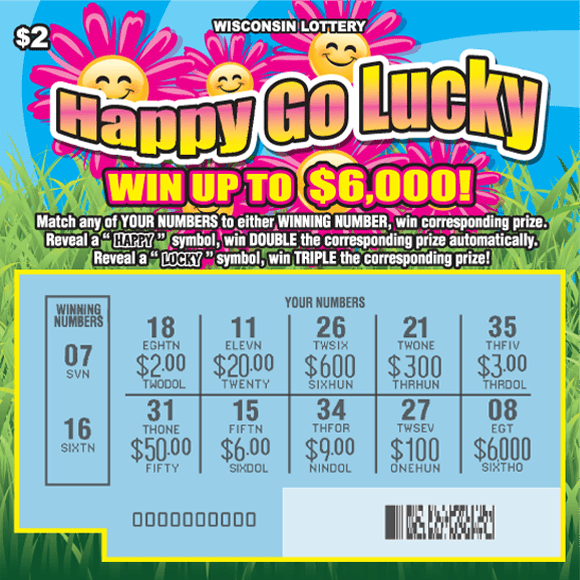 Happy Go Lucky Scratch Game bright green grass with blue skies and bold pink flowers with yellow smiling faces surrounding wavy type on the Wisconsin Lottery game