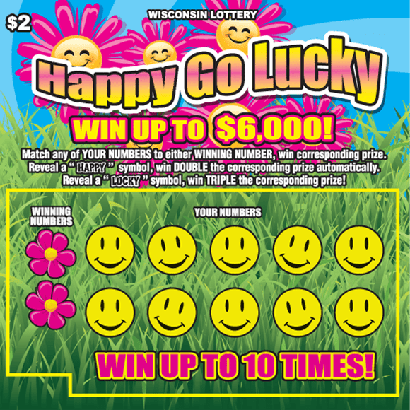 bright green grass with blue skies and bold pink flowers with yellow smiling faces surrounding wavy type on the Wisconsin Lottery game