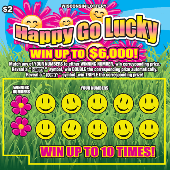 Happy Go Lucky Scratch Game bright green grass with blue skies and bold pink flowers with yellow smiling faces surrounding wavy type on the Wisconsin Lottery game