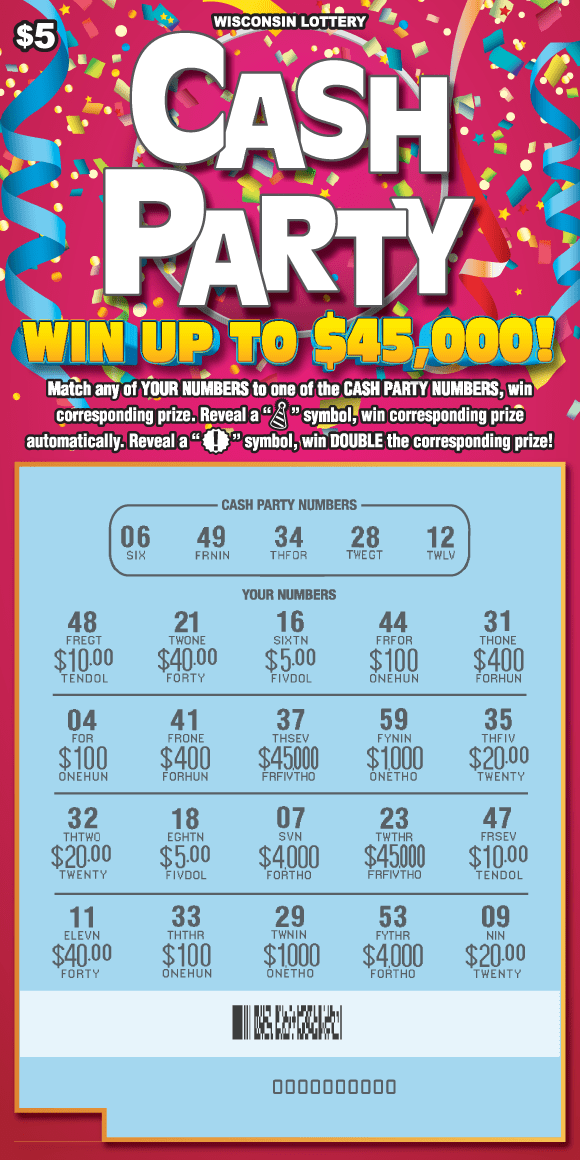 Cash Party Scratch Game colorful confetti and streamers on bold pink background with multi colored balloons on Wisconsin Lottery game