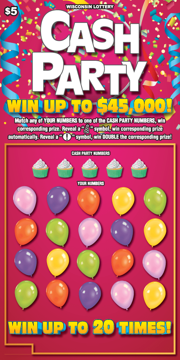 colorful confetti and streamers on bold pink background with multi colored balloons on Wisconsin Lottery game