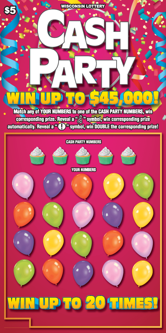 Cash Party Scratch Game colorful confetti and streamers on bold pink background with multi colored balloons on Wisconsin Lottery game