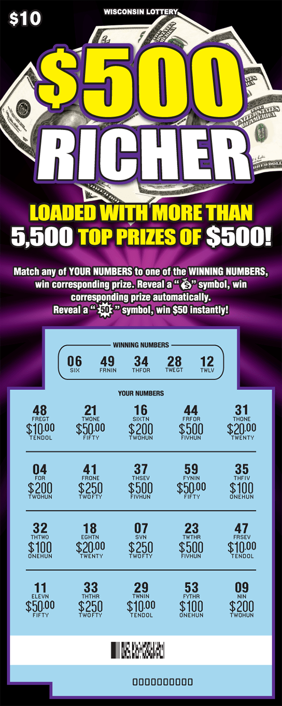 $500 Richer Scratch Game bright purple sunburst on black background with stacks of money and bold yellow and white lettering on Wisconsin Lottery scratch game