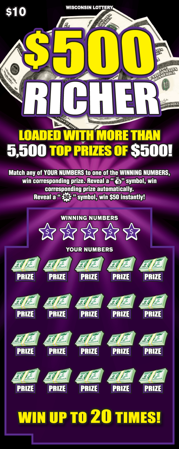 bright purple sunburst on black background with stacks of money and bold yellow and white lettering on Wisconsin Lottery scratch game