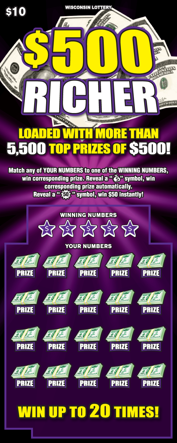 $500 Richer Scratch Game bright purple sunburst on black background with stacks of money and bold yellow and white lettering on Wisconsin Lottery scratch game
