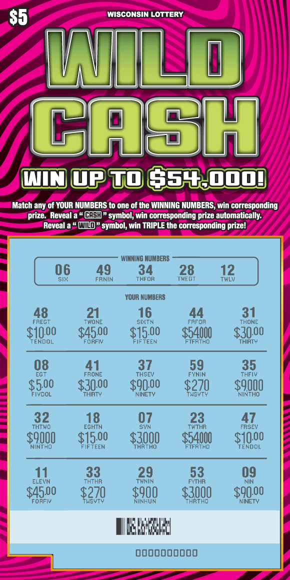 Wild Cash Scratch Game hot pink and magenta animal print stripes with green stacks of cash on Wisconsin Lottery game