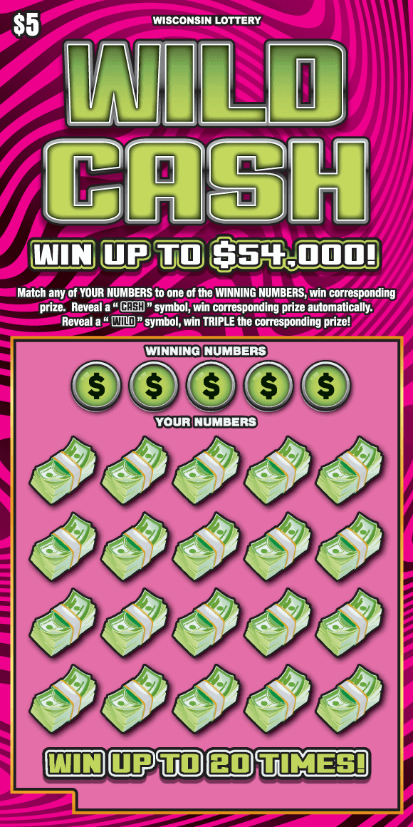 Wild Cash Scratch Game hot pink and magenta animal print stripes with green stacks of cash on Wisconsin Lottery game