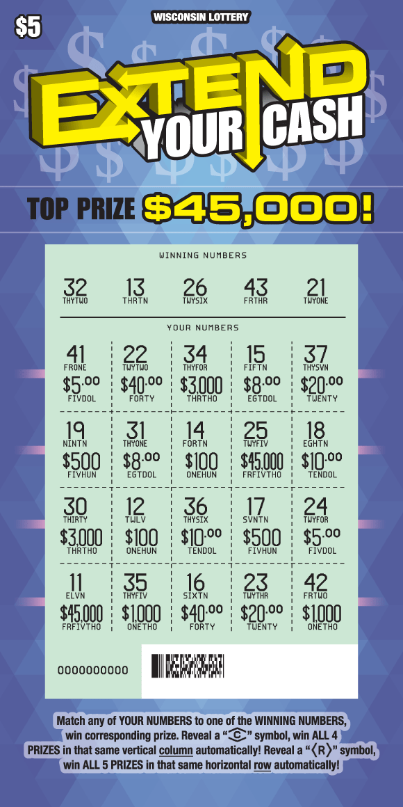 Extend Your Cash Scratch Game diamond pattern with light purple gradient with horizontal pink and vertical blue lines intersecting gold coins with yellow lettering made up of arrows on Wisconsin Lottery scratch game
