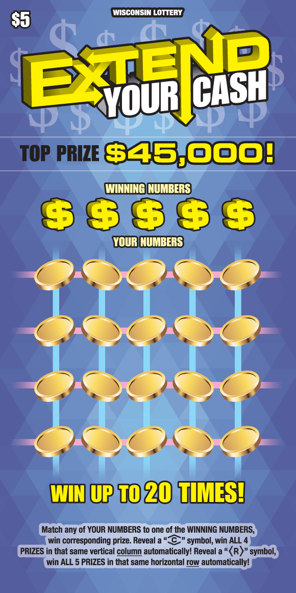 Extend Your Cash Scratch Game diamond pattern with light purple gradient with horizontal pink and vertical blue lines intersecting gold coins with yellow lettering made up of arrows on Wisconsin Lottery scratch game
