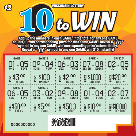 10 to Win Scratch Game semi transparent orange and red circles in overlaid pattern with bright blue dollar sign icons on Wisconsin Lottery game