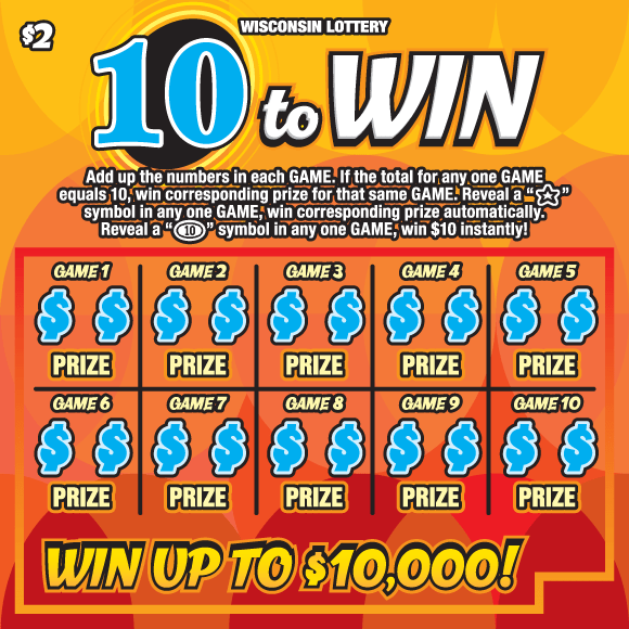 10 to Win Scratch Game semi transparent orange and red circles in overlaid pattern with bright blue dollar sign icons on Wisconsin Lottery game