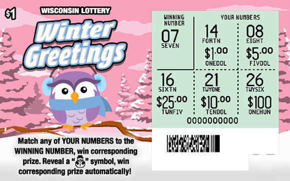 Winter Greetings Scratch Game pink owl wearing blue scarf and earmuffs sitting on a snow covered branch in snow covered forest with pastel green pine trees with dollar sign and snowflake icons on Wisconsin Lottery game